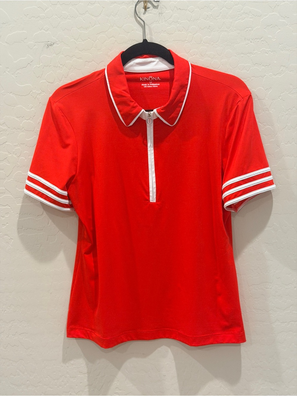 Kinona Red Short-Sleeve Zip Polo with White Trim in Italian Fabric. EUC